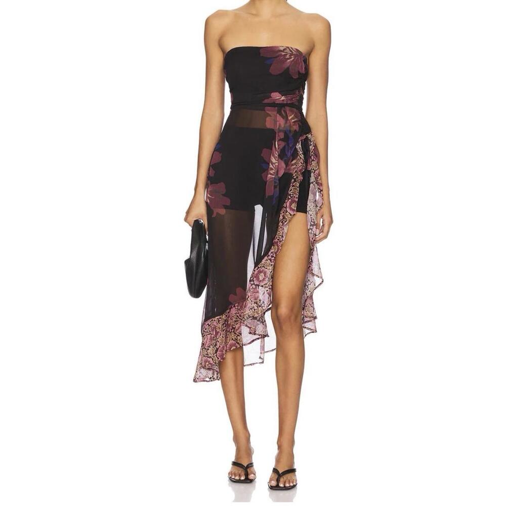 Free People Strapless Black Floral Sheer Maxi Skirt Top